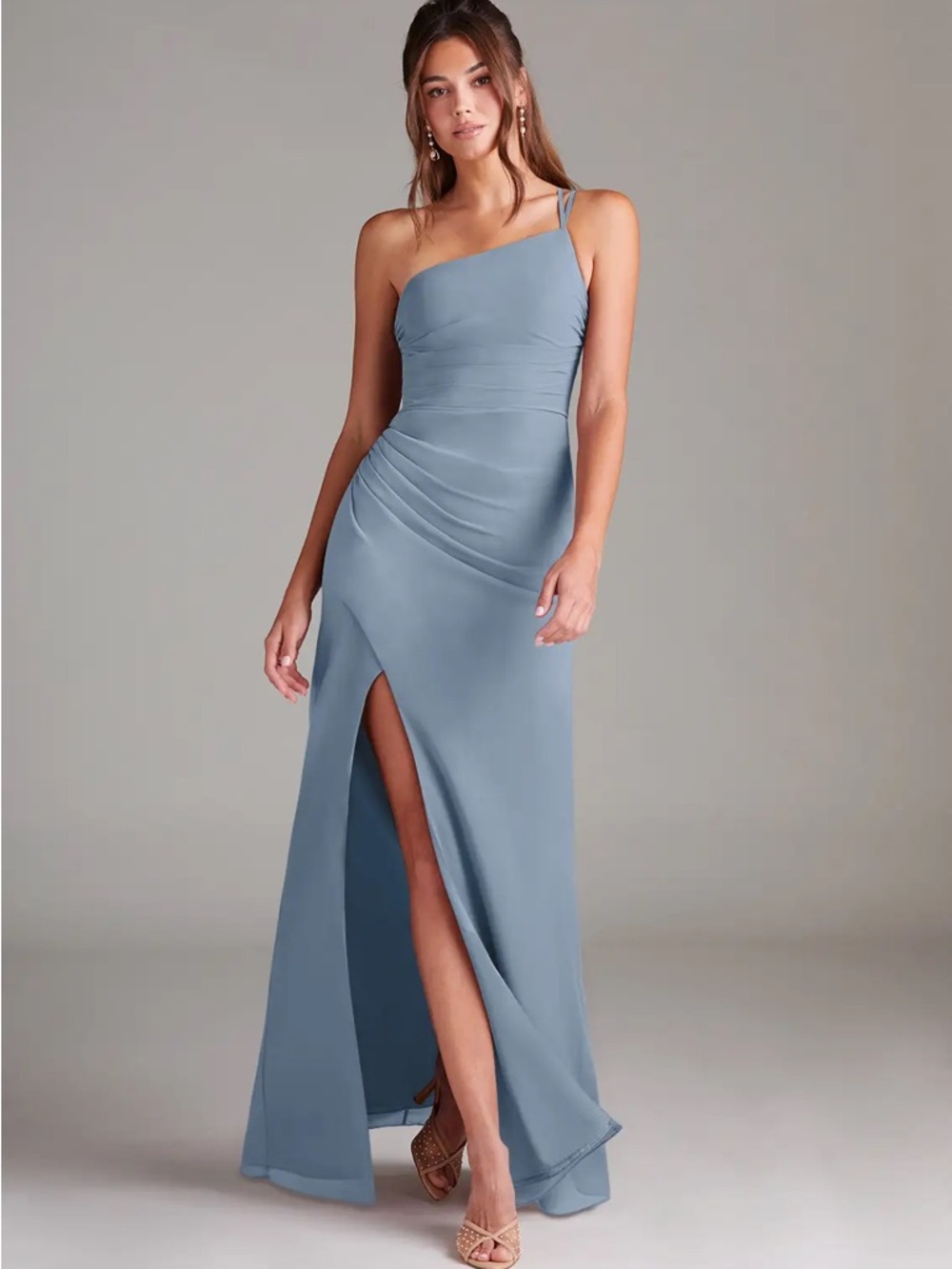 Azazie Eren Dusty Blue Sheath One Shoulder Chiffon Dress - Size 4